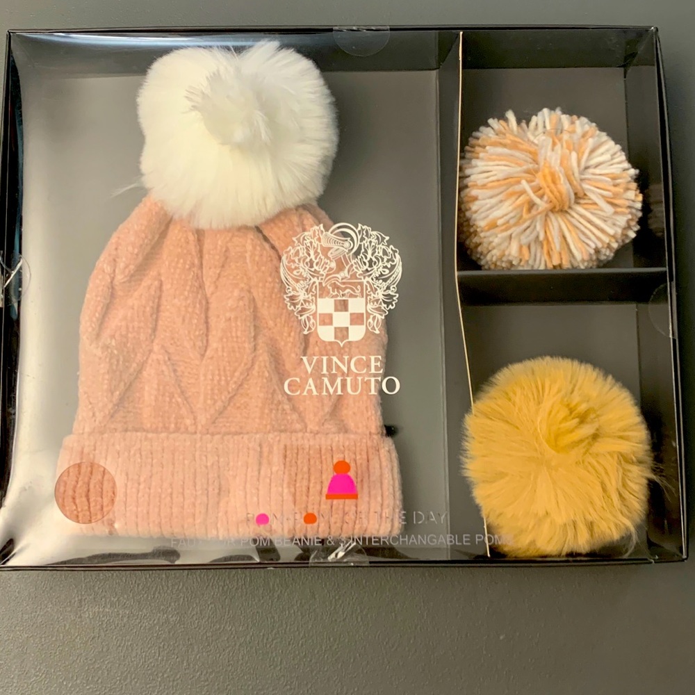 Brand new Vince Camuto Pom Benie- interchangeable poms, Winter Hat with pompoms